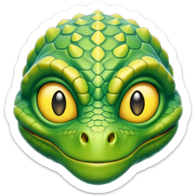Reptilian alien head, green scales, yellow eyes, cartoon emoji, no background sticker