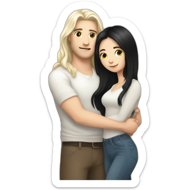 white skin long hair guy is hugging a white skin black hair girl sticker
