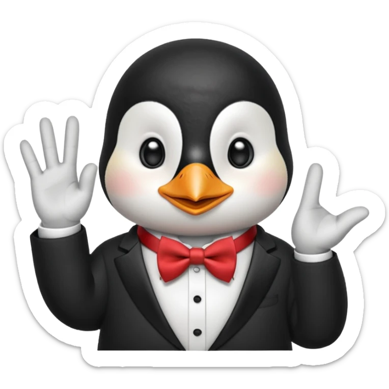 Un pinguino con una pajarita roja haciendo el gesto con la mano abierta de cumplir una promesa sticker