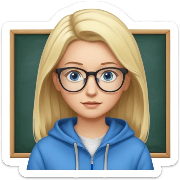 a woman, blonde highlights in hair, glasses and blue eyes. teacher, with a hoodie on and hair longer than shoulders sticker