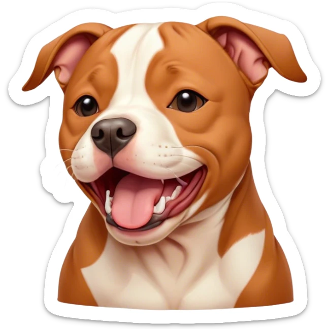 Cinematic Cute Yawning Red/Fawn Staffordshire Bull Terrier Portrait Emoji, Head tilted slightly with a dramatic, wide-open yawn, showcasing a smooth red/fawn Fur with crisp white accents, floppy ears slightly drooping, round dark eyes barely open in drowsy contentment, Simplified yet irresistibly adorable features, highly detailed, glowing with a soft, cozy glow, high shine, relaxed yet expressive, stylized with a touch of whimsy, bright and endearing, soft glowing outline, capturing the essence of a sleepy yet affectionate guardian, so drowsy it feels like it could stretch right out of the screen and curl up for a nap! sticker