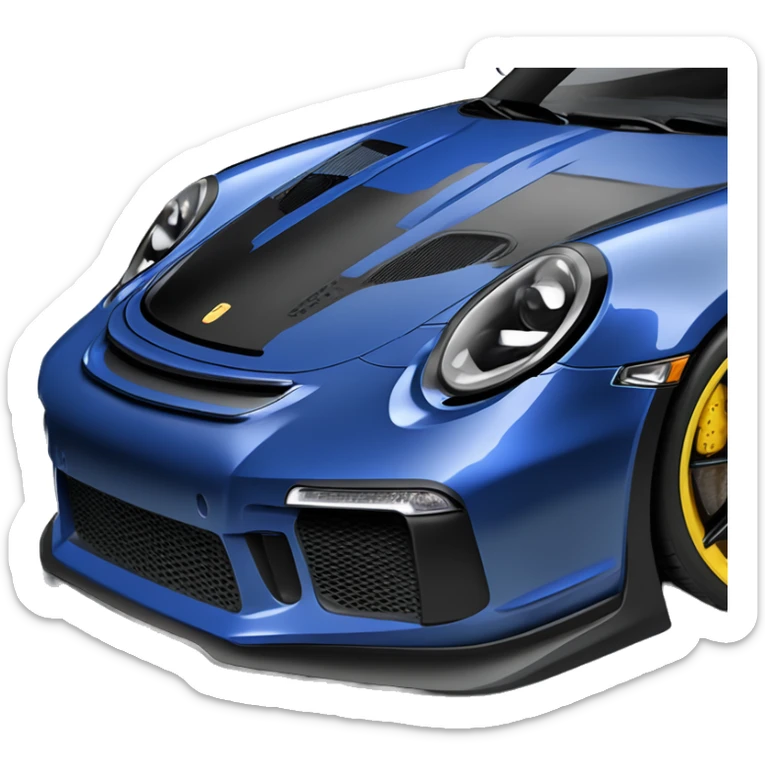 GT3RS in Royale blue with a black hood, blue spoilers, black text, black rims, and yellow headlights, sticker