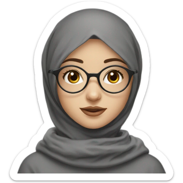 Black hijab white fair skin girl brown eyes wearing round circular metal glasses no make up big cheeks almond eyes sticker