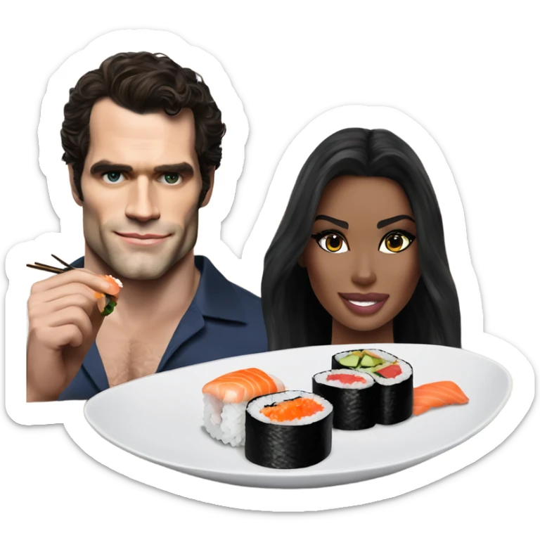 realistic photo of Henry Cavill eating sushi with a beautiful  victoria secret model  sticker