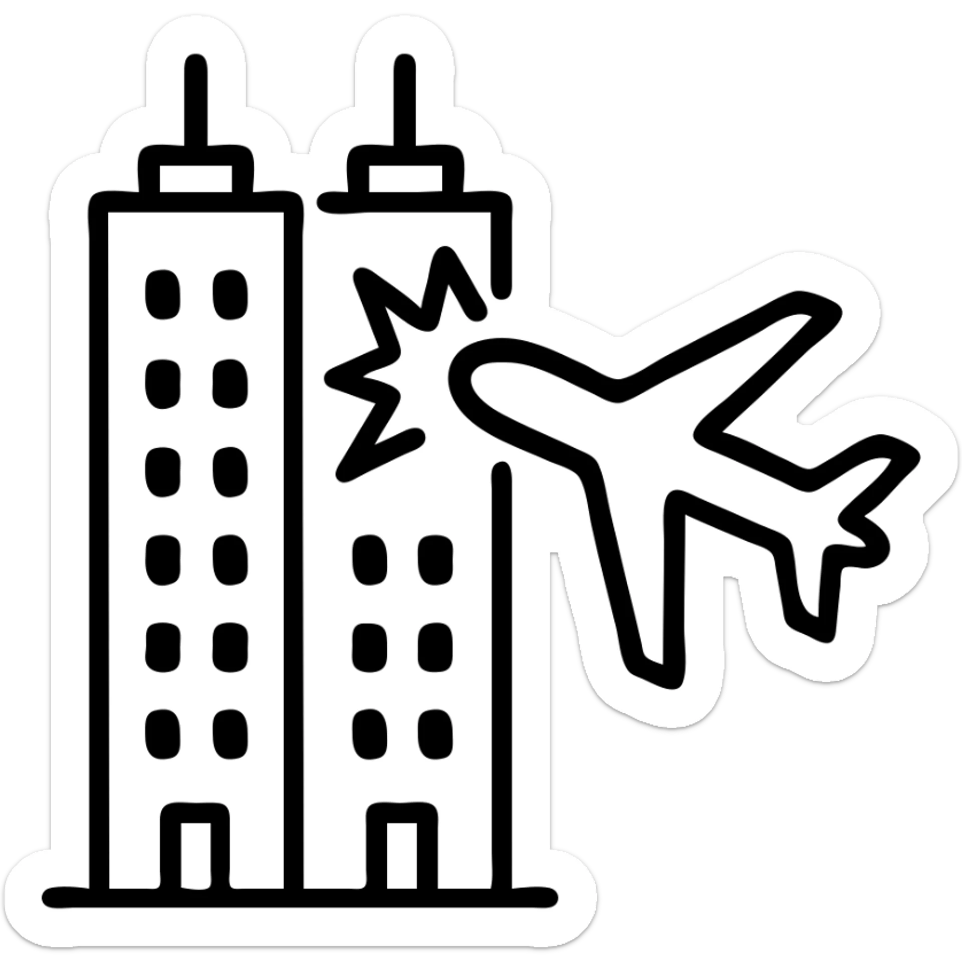 minimalist icon of two towers and an airplane hitting the left one sticker
