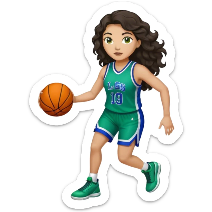 full figure plus size light latino women basketball player with wavy dark hair wearing blue and green uniform sticker