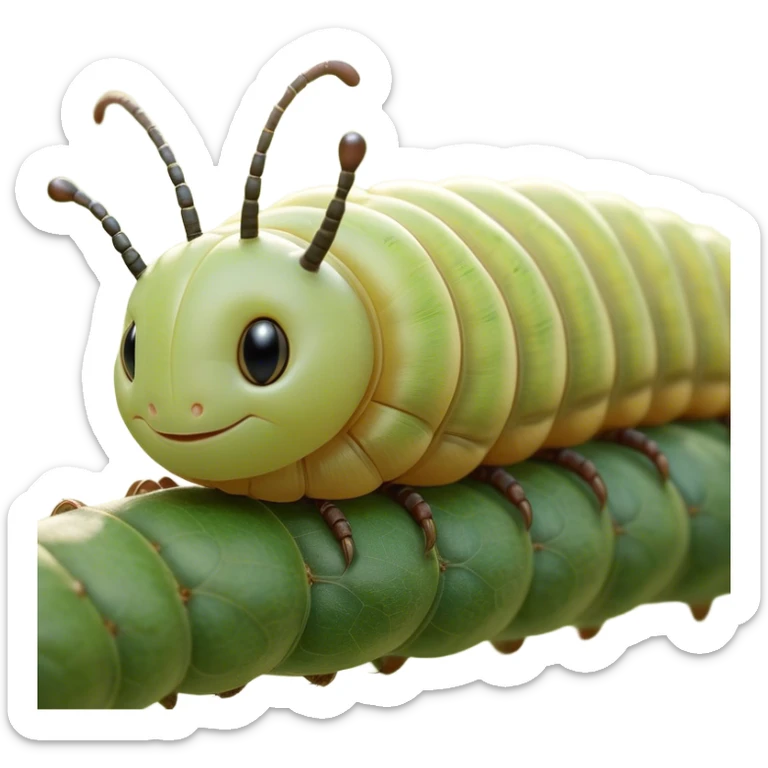 Beautiful and Majestic Caterpillar Portrait Emoji, Head and body rendered in serene repose with a gentle, content smile, showcasing a delicately segmented form with softly textured hues and eyes peacefully closed in tranquil slumber, Simplified yet exquisitely endearing features, highly detailed, glowing with a soft, drowsy natural light, high shine, relaxed and utterly noble, stylized with an air of graceful metamorphosis, soft glowing outline, capturing the essence of a beautiful and majestic caterpillar that embodies the quiet promise of transformation! sticker