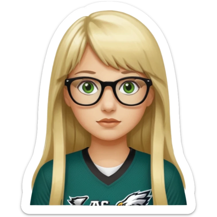 long blonde hair with bangs black glasses female green eyes football player wearing eagles jersey number 33 sticker