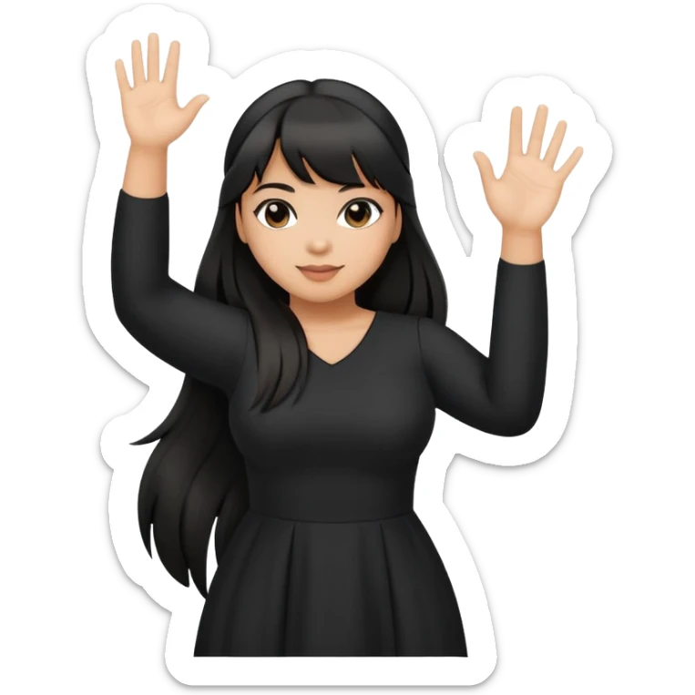 Latina girl with bangs black long hair in pony tail plus size black dress waving hand sticker