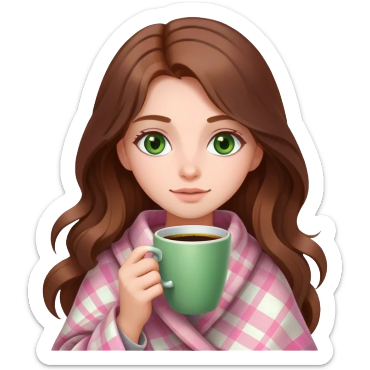 a girl with long brown hair and green eyes wrapped in a soft pink plaid with coffee in her hands sticker