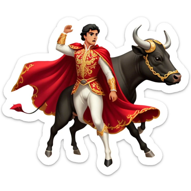 ​Cinematic Realistic Spanish Matador in Action, depicted in an ornate traje de luces with a flowing red cape, captured in the dramatic moment of confronting a charging bull in a traditional bullring, rendered with dynamic motion and dramatic lighting that encapsulates the intensity and artistry of the spectacle, sticker
