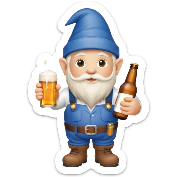 Garden gnome wearing plumber clothes holding a bottle of beer sticker