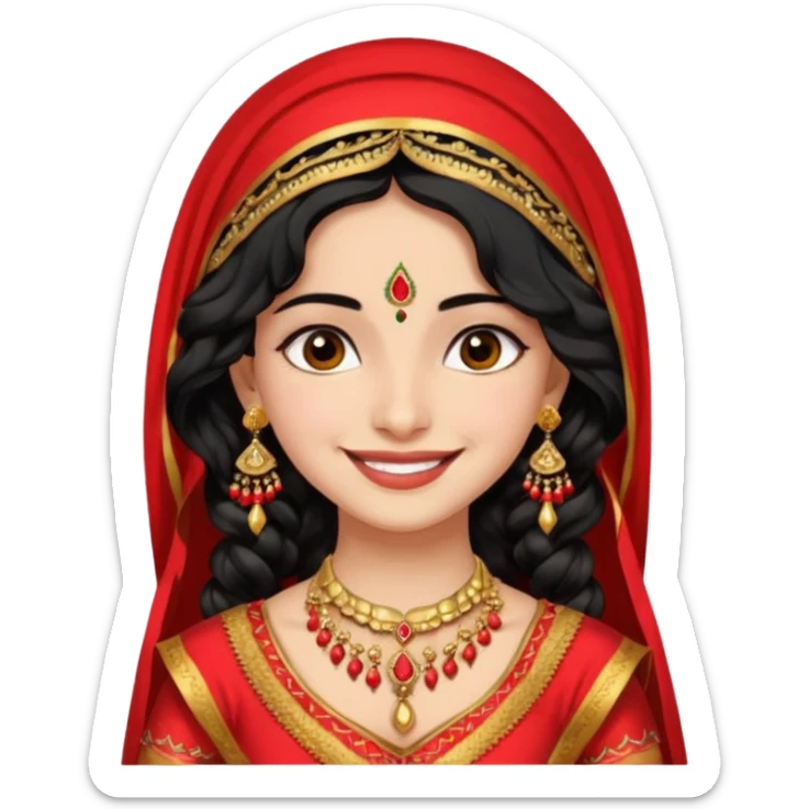 a pretty bratz fair indian girl wearing a red indian wedding outfit with dupatta on head,  golden jewellery, black wavy hair sticker