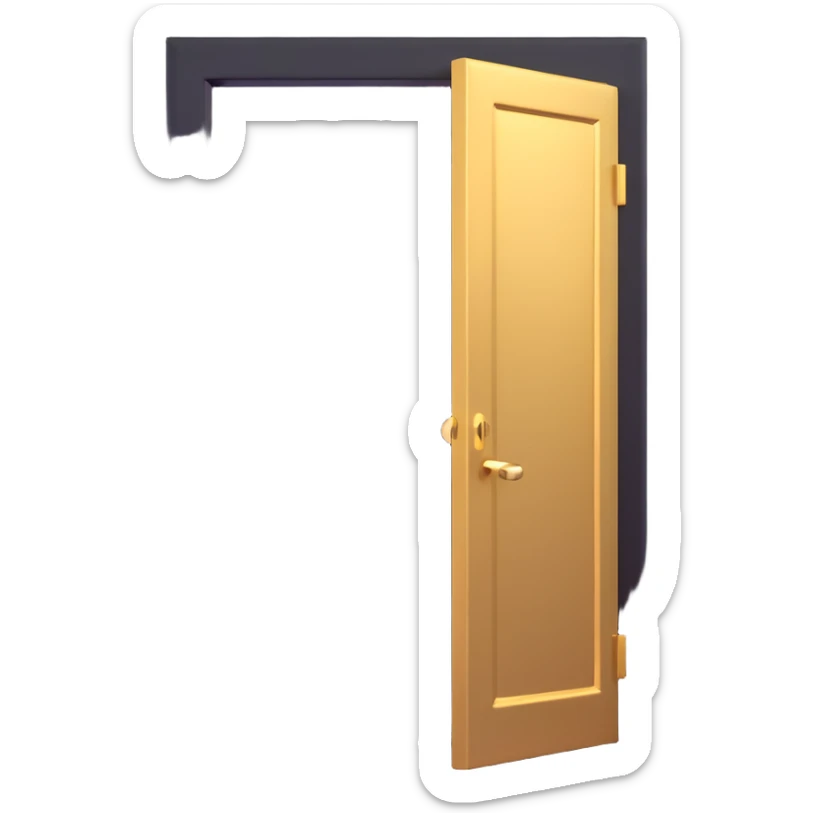 3D emoji style, pitch black room with a golden door ajar. A powerful, focused white light shaft and intense glow blast through the opening. High contrast lighting. No background. sticker