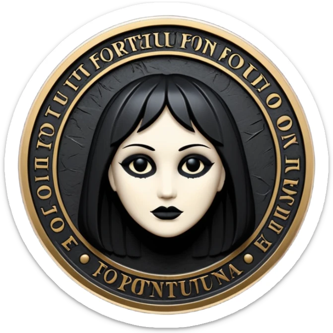 Emoji style, luxury gothic coin made of blackened metal, “FORTUNA” engraved in refined fashion typography, heavy sculptural form, subtle worn metal texture, avant-garde editorial aesthetic, no glow, no neon, flat emoji design, centered, transparent background sticker