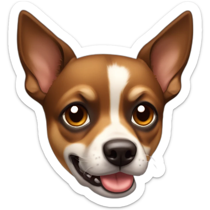 black brown mutt dog with small german shephard head but larger chihuahua eyes and large overbite with left upper sharp canine tooth a bit crooked and sticking out mouth sticker