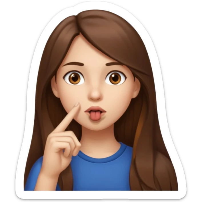 Emoji Fille cheveux long et brun yeux brun avec un doigt dans la bouche que la mains sois plancher vers en bas et que elle regarde comme si elle est coquine  sticker