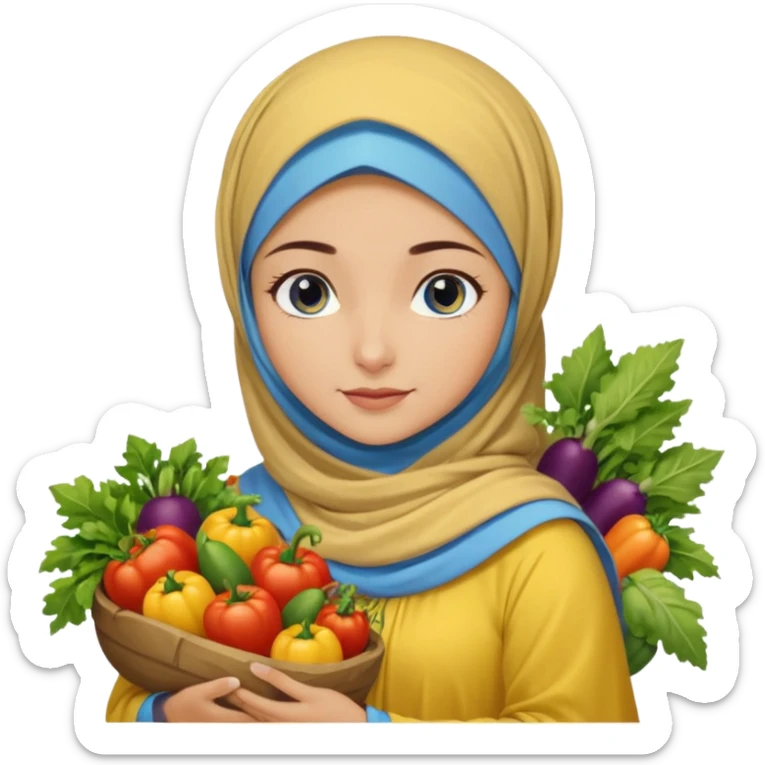 Turkish beautiful finish Konya girl blue eyes with garden design yellow and lila hijabi dress and she had on her hand vegetables  sticker