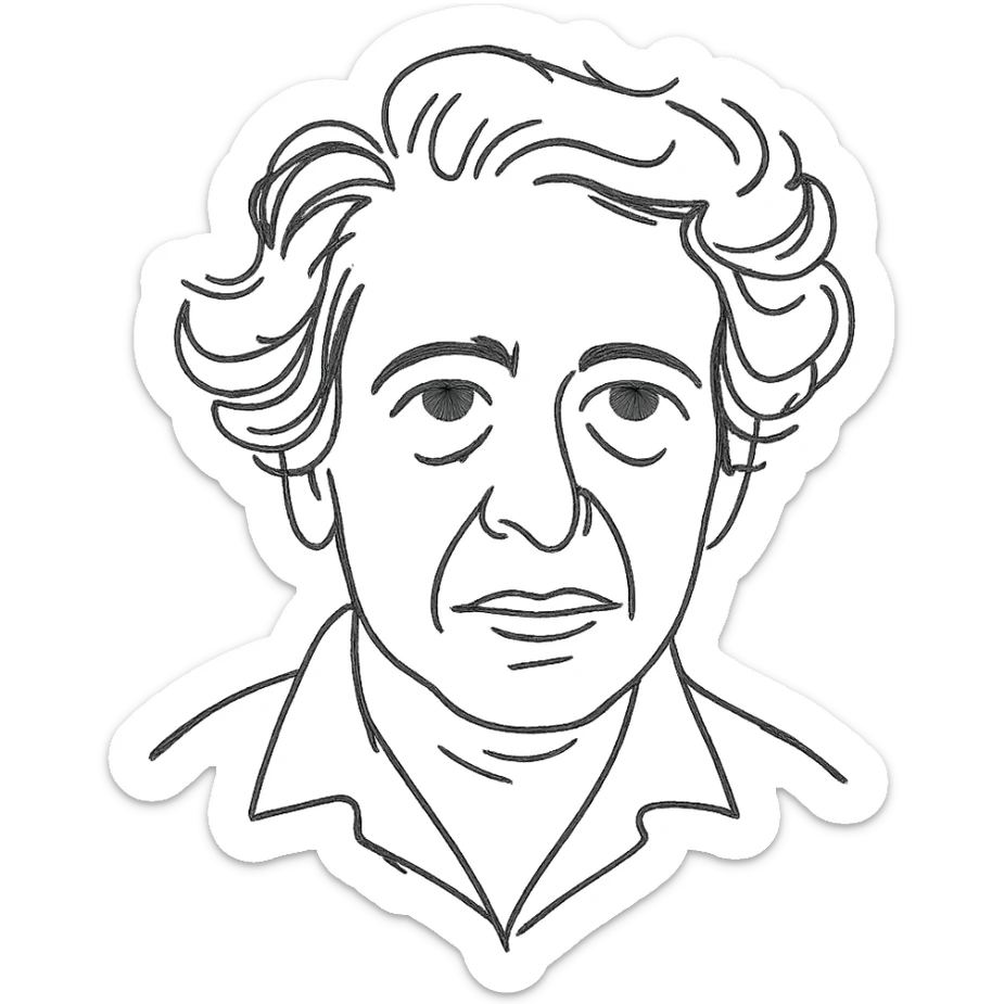 a hand drawn black outline portrait of Hannah Arendt with similar size eyes sticker