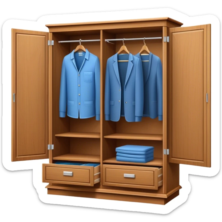 Icon for Furniture Design: a blueprint of a wardrobe without clothing inside, featuring a 3D installation with dimensions and a ruler or measuring tape. The icon should represent the detailed design and measurement process in furniture creation. Transparent background. sticker