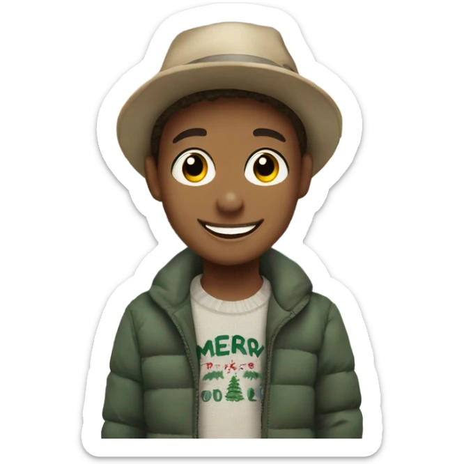 smiling boys outdoors in hats Christmas trees in background with merry Christmas sign sticker