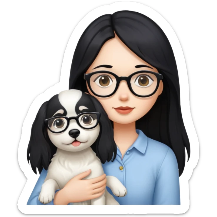 A girl with long black hair and glasses holding a white dog sticker