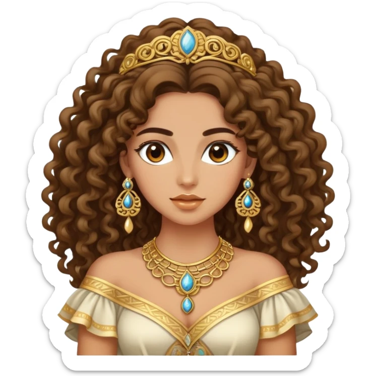 Beautiful Greek woman with very long puffy curly hair, wearing ornate gold jewelry and cute stylish clothes sticker