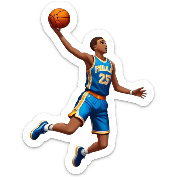 An icon featuring a basketball court with players in action, inspired by NBA 2K25. A player jumps for a dunk, with the ball mid-air. Bright lights illuminate the court, symbolizing the excitement of sports simulation games. Transparent background emphasizes the energy. sticker