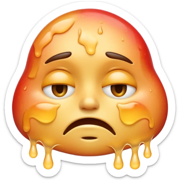 Apple-style emoji illustration of a melted, overheated face with sweat drops, expression annoyed, half-closed exhausted eyes, soft 3D emoji style, smooth gradients, rounded shapes, simple expression, centered composition. sticker