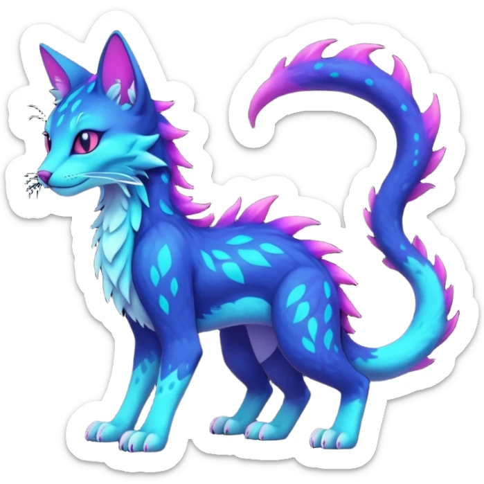 Kawaii dark edgy colorful vibrant neon glowing fantasy feline-vernid-sergal-fursona animal creature with a tufted tail full body with intricate markings  sticker