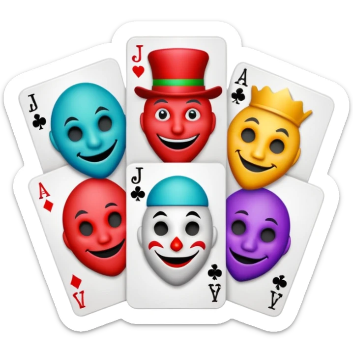 bunch of 3 poker cards, with crazy colorful human jolly jokers inside, inversed face sticker