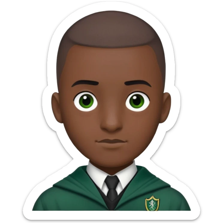 louis cordice is Blaise Zabini in harry potter, wear hogwarts slytherin uniform, Classic Buzz Cut hair, black skin, long thin face sticker