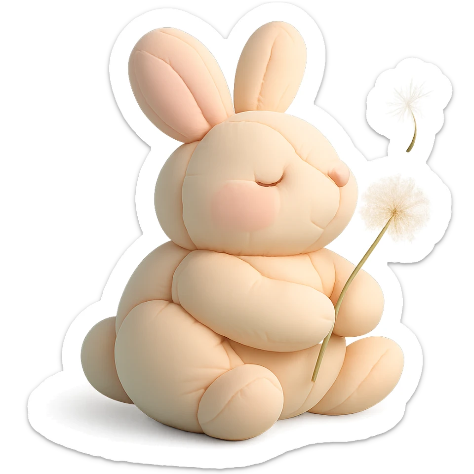 bunny holding a dandelion in the breeze, gentle spring vibe, soft pastel colors, transparent background, cushion style sticker