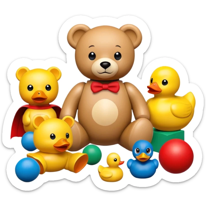 colorful children's toys scattered - teddy bear, yellow duck, wooden blocks, red ball, superhero figure sticker