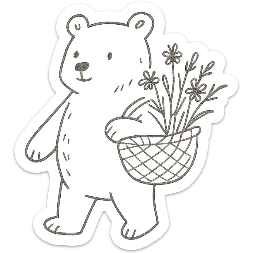 bear carrying a basket of wildflowers, soft pastel brown and cream, hand-drawn style sticker