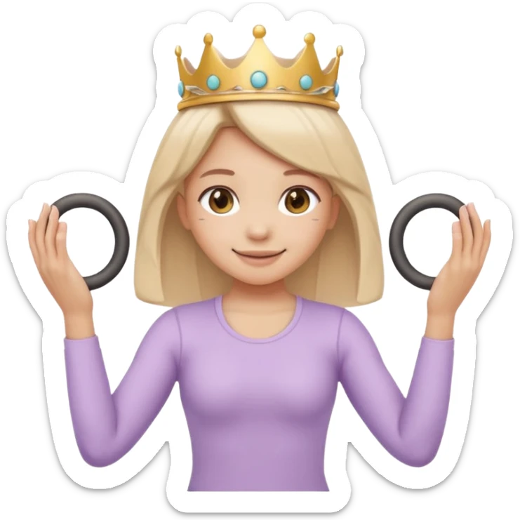 Cute emoji sticker of a girl holding a Pilates ring (magic circle) with both hands, squeezing it. She is smiling, wearing a tiny crown and beige activewear. Pastel accents, kawaii style, clean white outline, transparent background. sticker