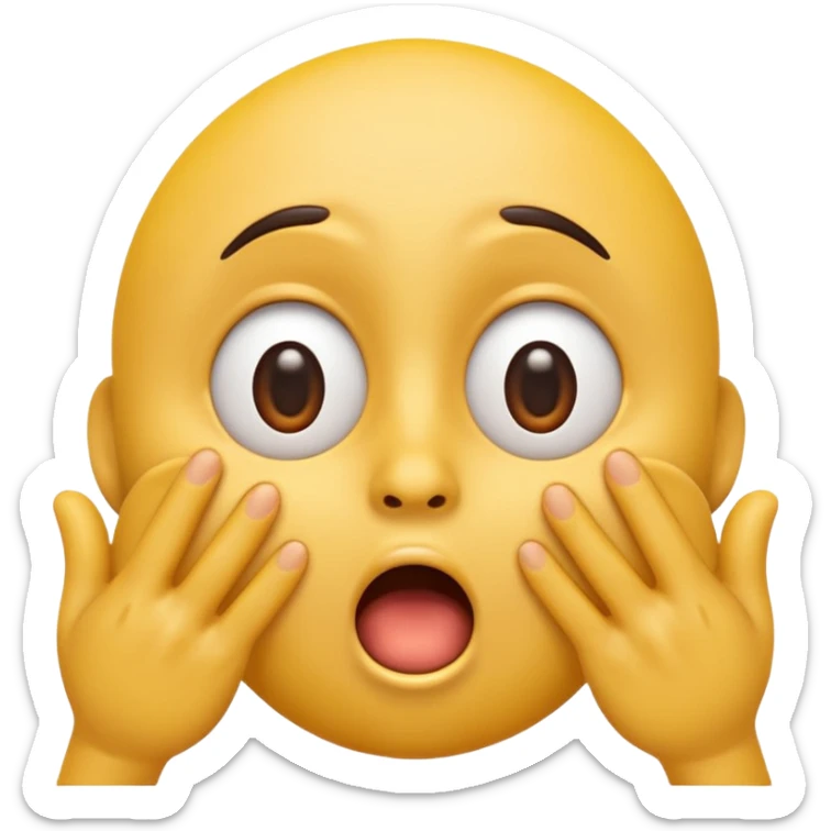 A 3D glossy yellow emoji of a shocked horrified face with no nose, with mouth and eyes are wide open, eyebrows  raised, and hands against their cheeks, black background, high quality, soft studio lighting sticker