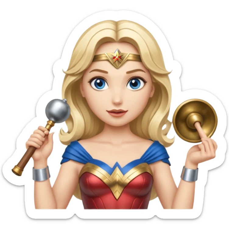 Blonde blue eyes Wonder Woman holding bell and short white orchestra conductor’s baton  sticker
