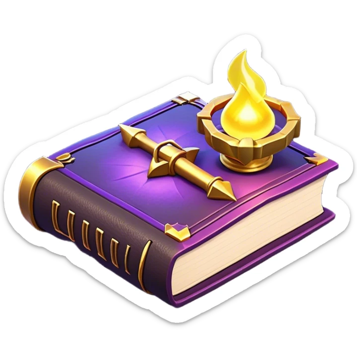 Clash of Clans aesthetic: Cinematic Playful 3D Isometric Spell Book Emoji, rendered in a 3D vector-style similar to standard emojis with minimal shading and bold, simplified shapes. A compact, distinct form with signature details, softly glowing with a fantasy RPG magic charm. Simplified yet unmistakably iconic, highly detailed and consistent, glowing with a soft radiance and high shine. Stylized with a touch of heroic grandeur and a soft glowing outline, capturing the essence of a beloved gaming relic with a friendly, playful manner! sticker