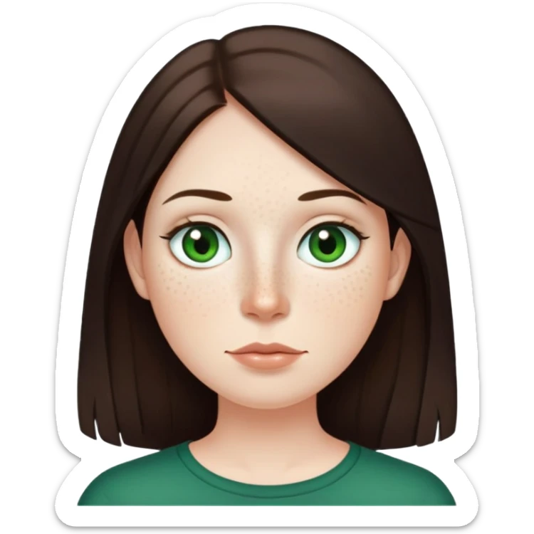 Me with white freckled skin with dark long brown straight hair , green eyes, thin top lip big bottom lip mole on the right side of my chin  sticker