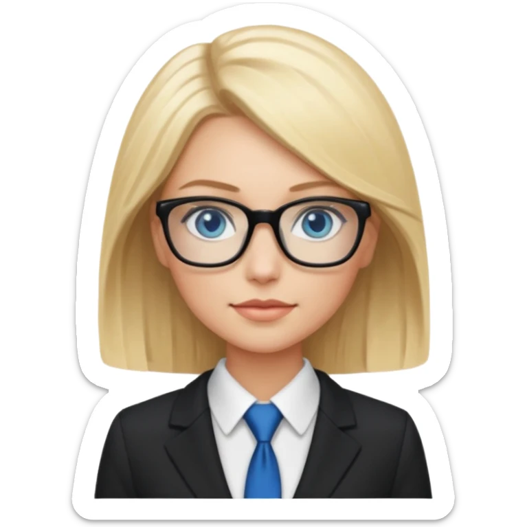 pretty caucasian woman with blonde hair and blue eyes with black glasses in a business suit sticker