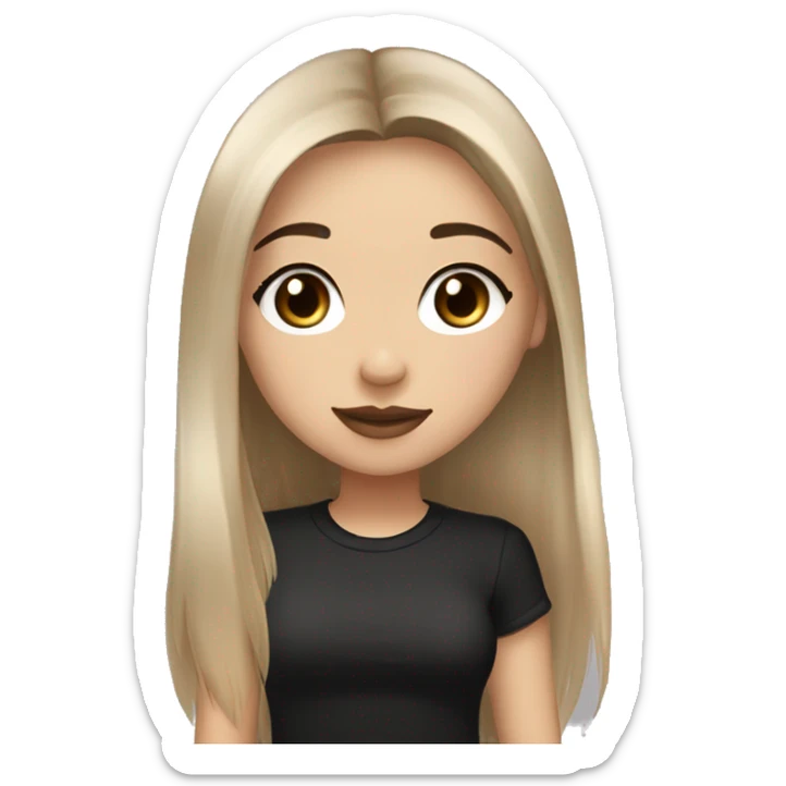 Slavic girl, light skin, long eye lashes, pink beige lipstick, brown eyes, long black-to-blonde ombre straight hair, black T-shirt, chibi, smiling. sticker