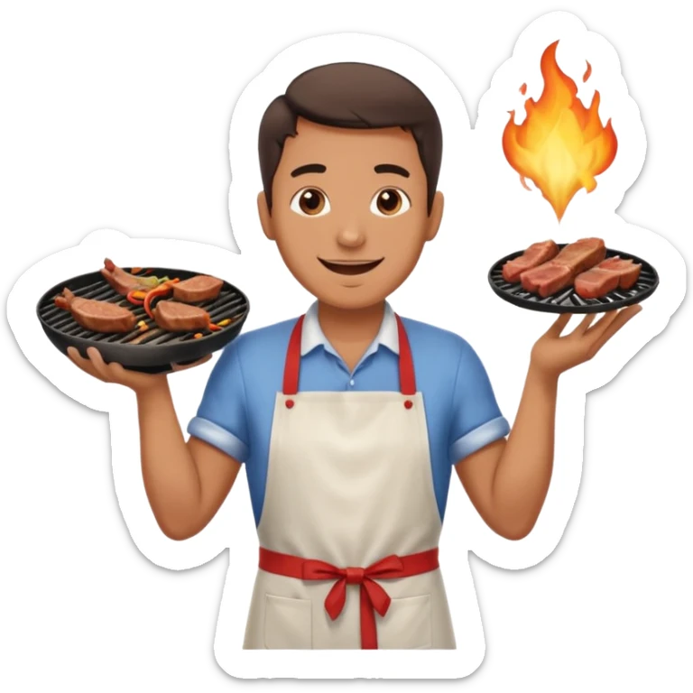A cheerful man in an apron flipping meat on a sizzling grill with smoke puffing upward. sticker