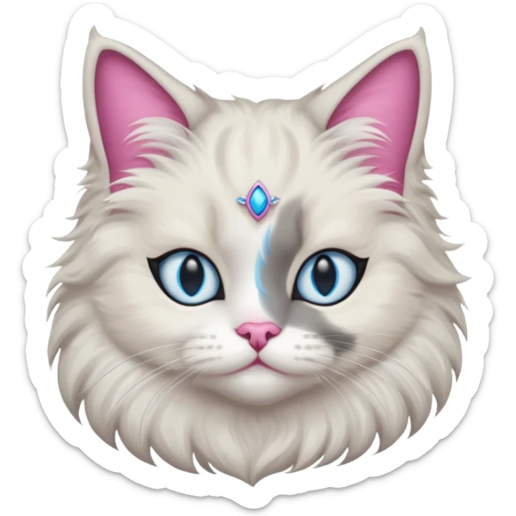 Neva masquerade cat, very fluffy, gray and white, blue eyes and pink nose. No jewelry  sticker