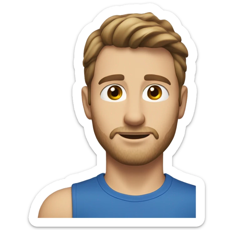 A head and shoulders shot of a 34 year old white man, with short brown hair, with stubble facial hair,   with blue eyes wearing a t-shirt. sticker