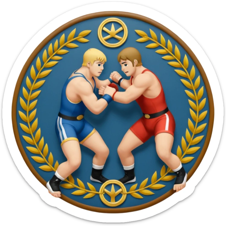 An icon symbolizing wrestling combat sports in the style of an emblem. The design features two wrestlers locked in a powerful grapple, one attempting to take the other down. Surrounding the scene are stylized elements like a championship belt, wrestling mat, and a laurel wreath. sticker