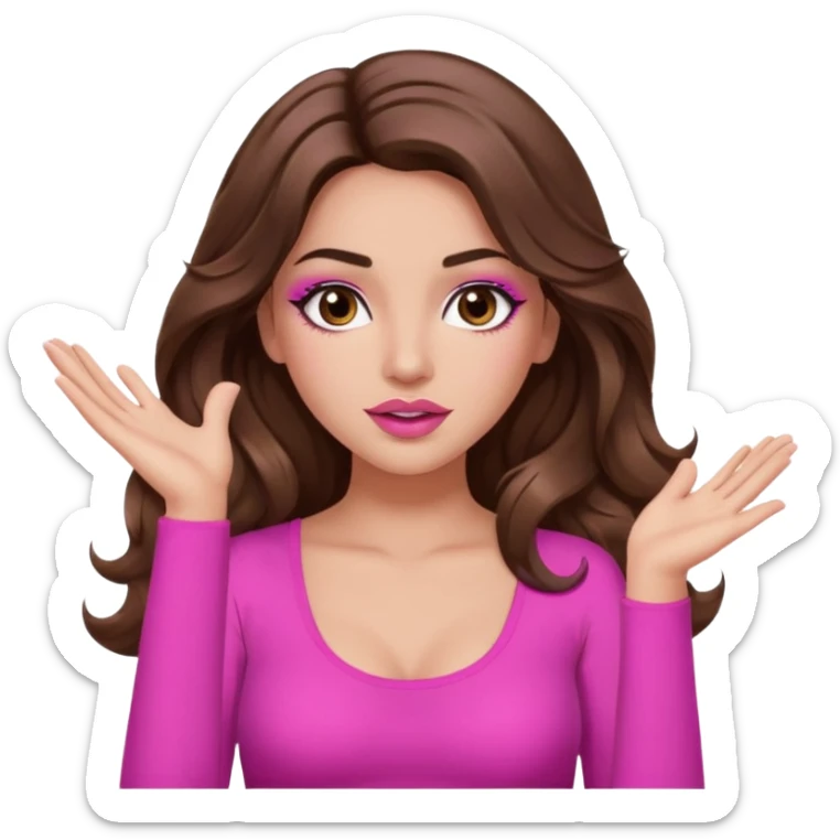girl with long wavy brown hair, brown eyes, long lashes makeup, sexy pink lips, light to medium complexion, pink sexy top, two hands up, shrugging sticker