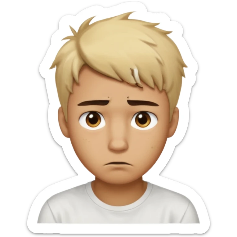 caramel skin color. Teen age. Short buzz, messy blonde hair, dark brown bushy eyebrows large expressive golden-brown eyes, brown skin color, scar over nose, wearing a plain white t-shirt. Disappointed thinking facial expression. caramel skin color. 20 year old male. sticker
