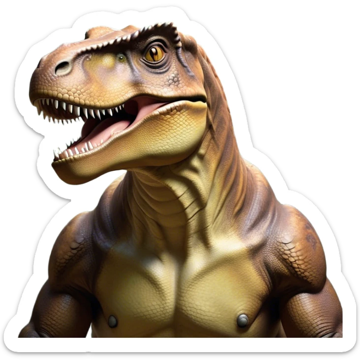 Beautiful and Majestic T-rex Portrait Emoji, Head and body resting peacefully with a serene, confident expression, showcasing its colossal, muscular form and a subtle, regal glint in its eyes, Simplified yet exquisitely endearing features, highly detailed, glowing with a soft, drowsy prehistoric light, high shine, relaxed and utterly majestic, stylized with an air of ancient splendor, soft glowing outline, capturing the essence of a beautiful and majestic T-rex that feels destined to become the next viral icon of awe-inspiring dinosaur beauty! sticker