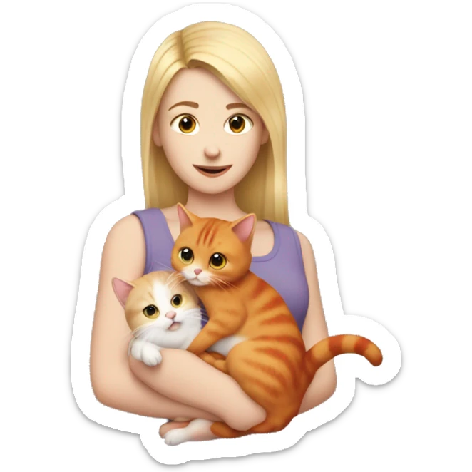 blonde girl holds hamster and red cat in her arms sticker